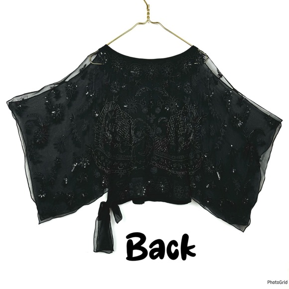 Pure silk sequined and beaded blouse Tie-side Embellished Sheer Black Blouse S - Picture 6 of 13